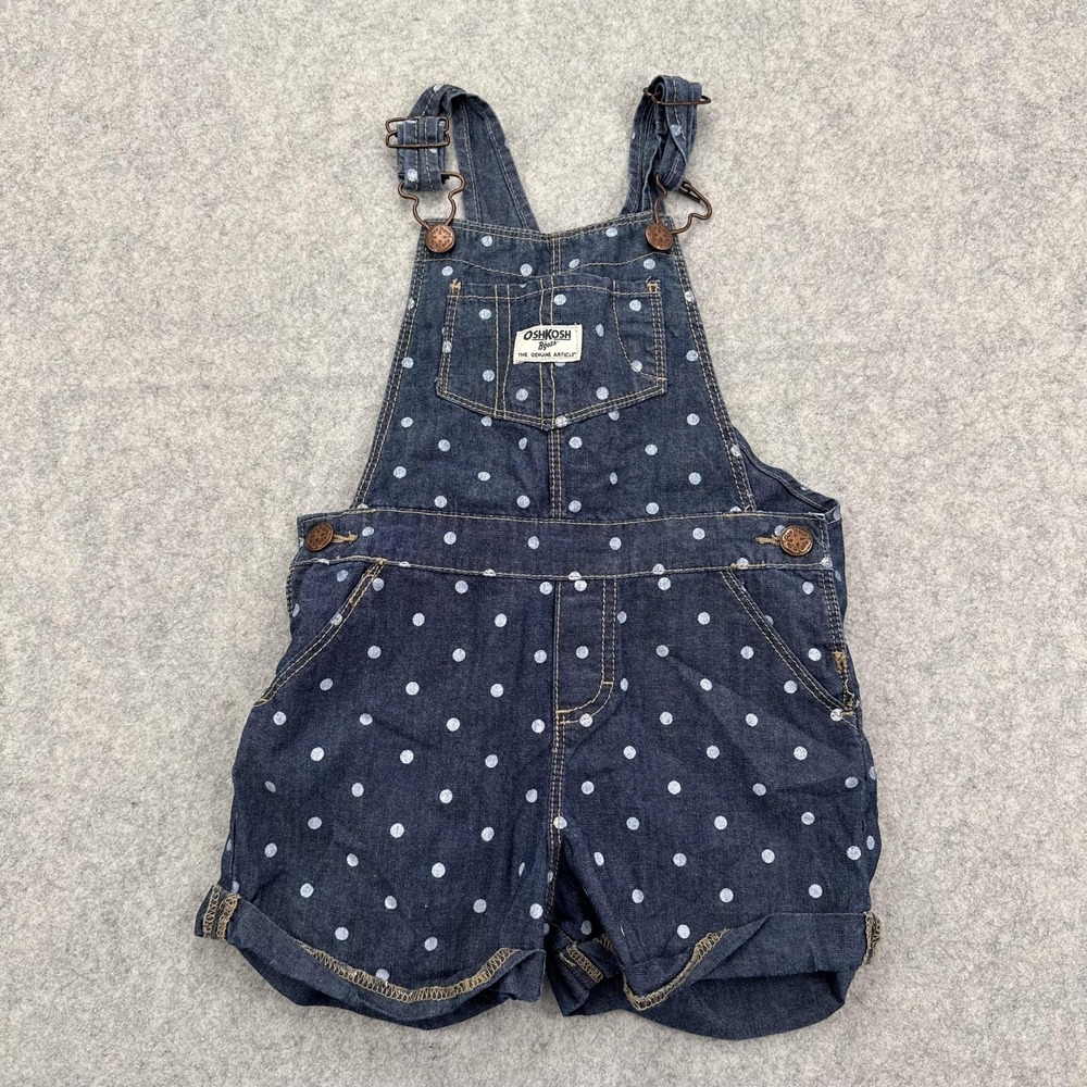OshKosh B'gosh Girls 3T Blue Polka Dot Denim Overall Shorts VESTBAK Shortalls